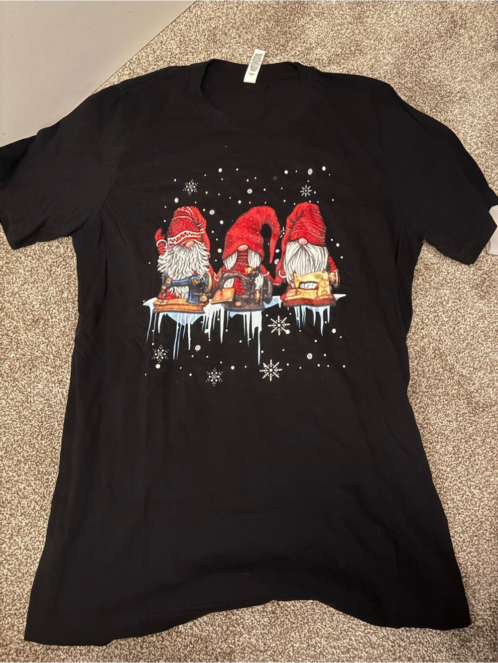 Black T-Shirt with Red Gnome Holiday Print